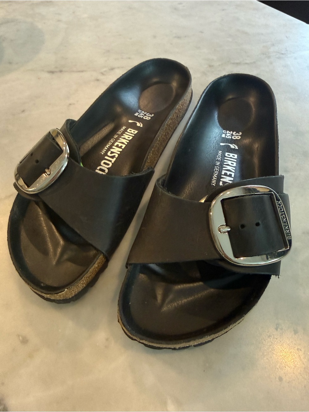 Birkenstock Black Leather Two-Strap Slide Sandals